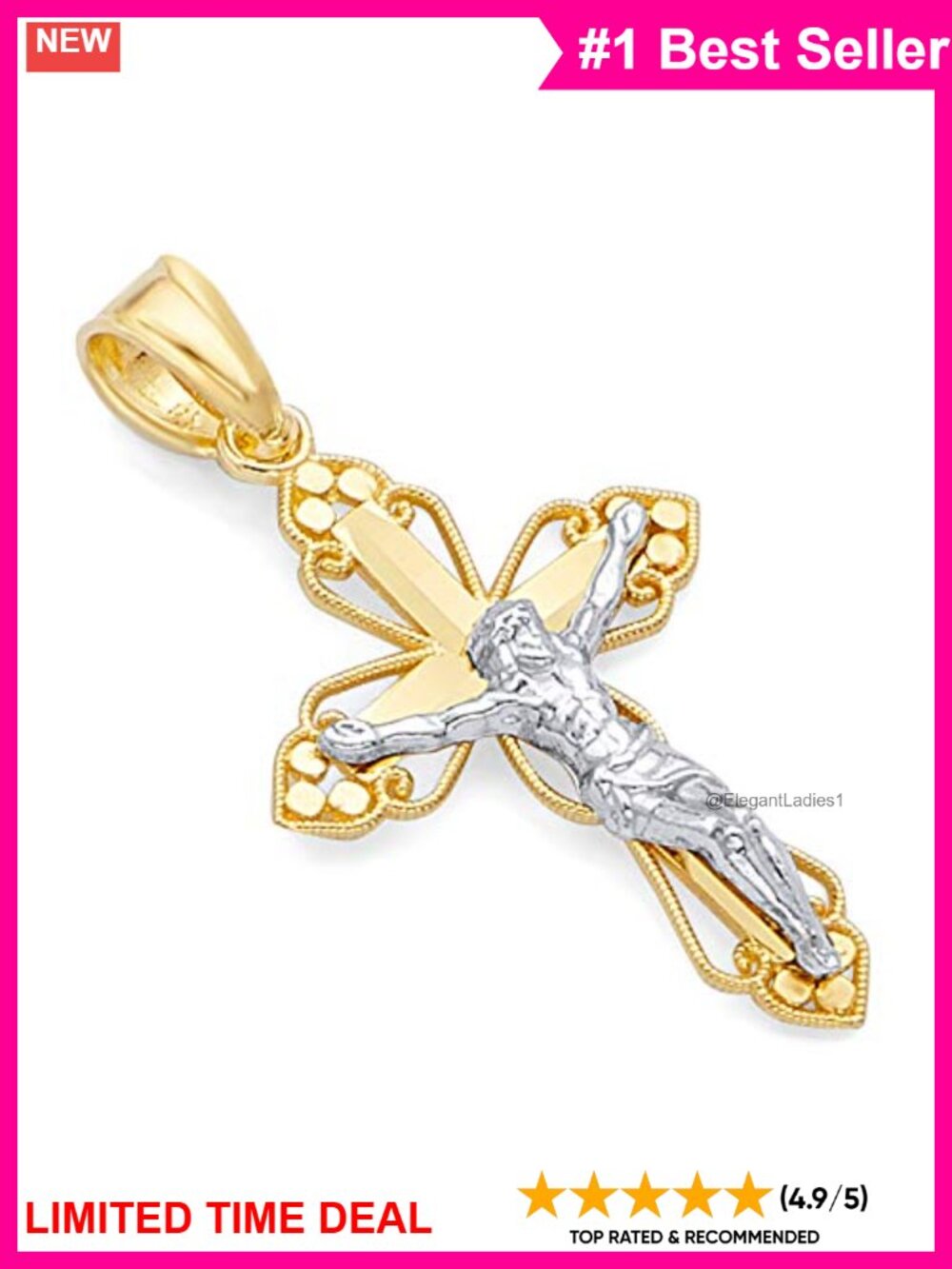 14K Two Tone Gold Jesus Crucifix Cross Charm Pendant Fine Jewelry